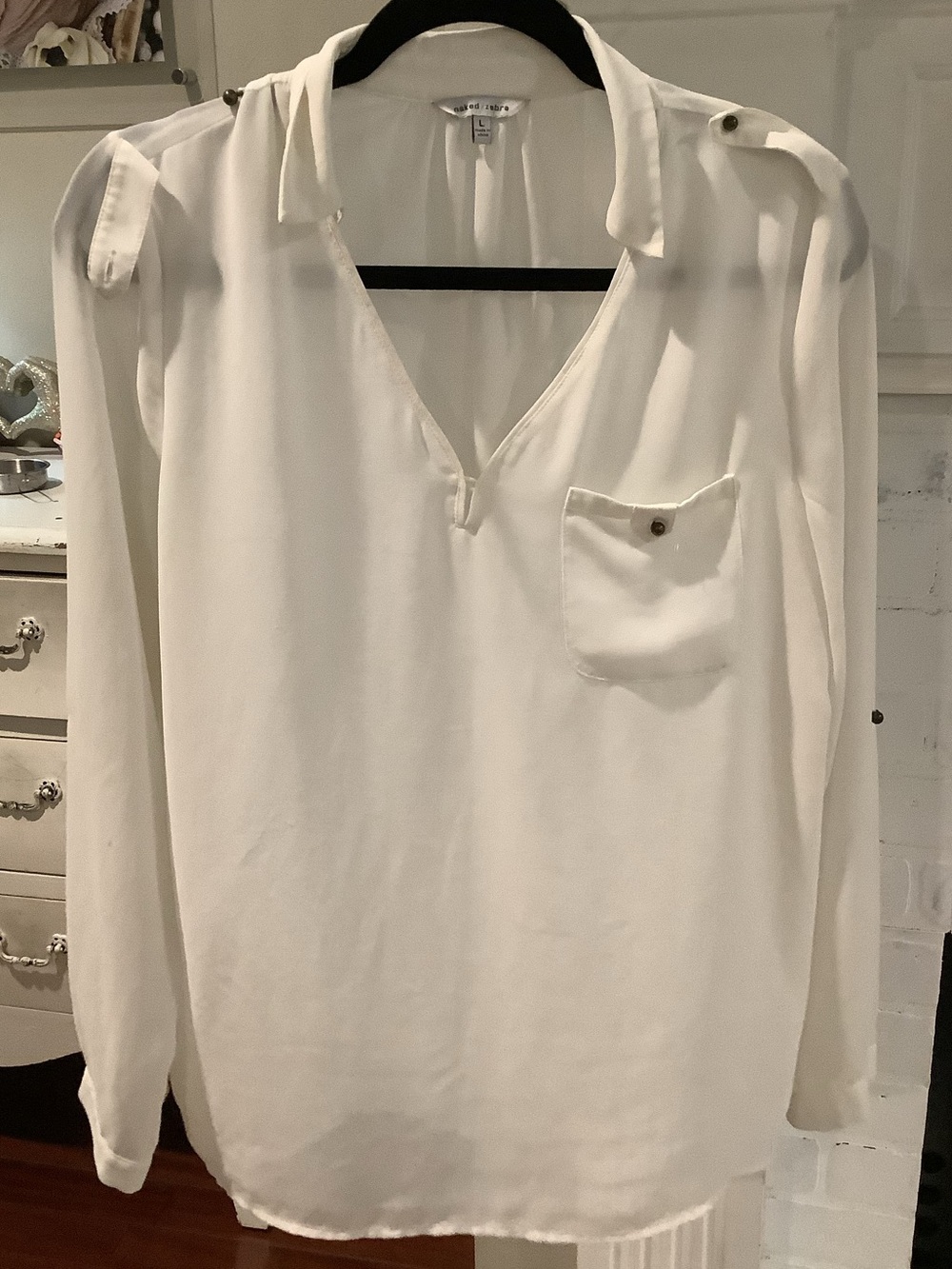 Naked Zebra Cream V-Neck Long Sleeve Blouse